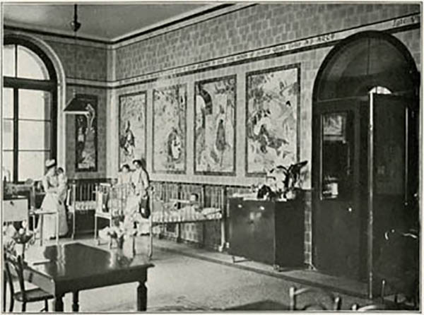 Fig. 3 - The Goose Girl, The Babes in the Wood, and other murals in a St. Thomas’ Hospital children’s ward, c. 1905, from The Brickbuilder (July 1905).